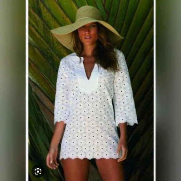 NWT Womens Vix White Solid Eyelet Lace V-Neck Swim Cover-Up Tunic Dress M - Picture 1 of 11